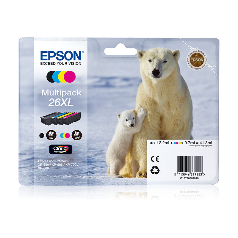 Pack 4 cartouches d'encre Epson Ours Polaire 26XL (Noir, Cyan, Magenta, Jaune)