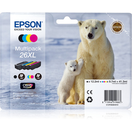 Pack 4 cartouches d'encre Epson Ours Polaire 26XL (Noir, Cyan, Magenta, Jaune)