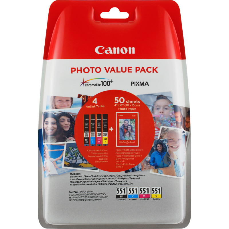 Pack 4 cartouches d'encre Canon CLI-551 (Couleurs + Noir) + 50 feuilles photo 10x15cm