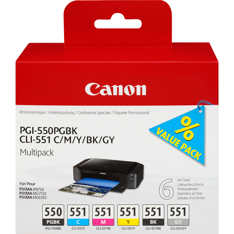 Pack 6 cartouches d'encre Canon PGI-550 CLI-551 (Noir PGBK C M J Noir Gris