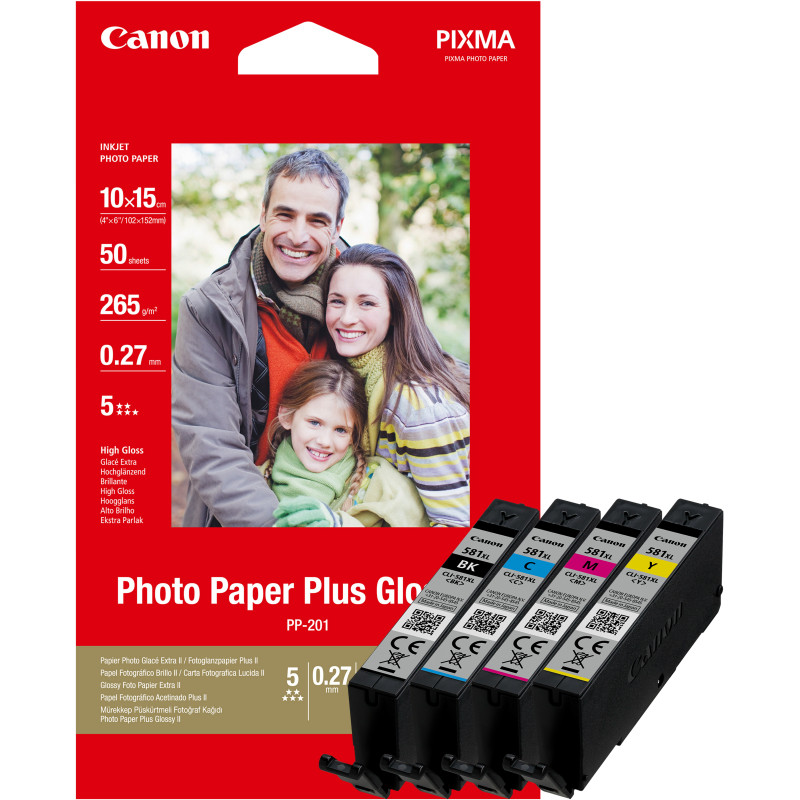 Pack 4 cartouches d'encre Canon CLI-581 XL (Noir + Couleurs) + 50 Feuilles 10x15cm