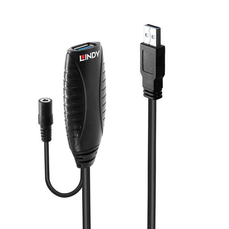 Rallonge USB 3.0 amplifiée Lindy - 10m M F (Noir)