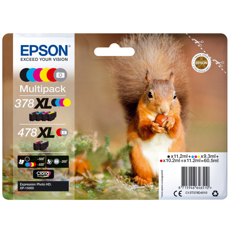 Pack 6 cartouches d'encre Epson Ecureuil 378XL (Noir + Couleurs) + 478 XL (Rouge Gris)