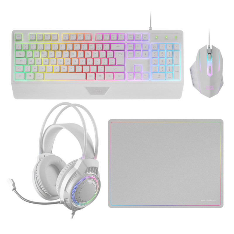 Pack Gamer 4en1 (Clavier Souris Casque Tapis) Mars Gaming MCP-124 Pro (Blanc)