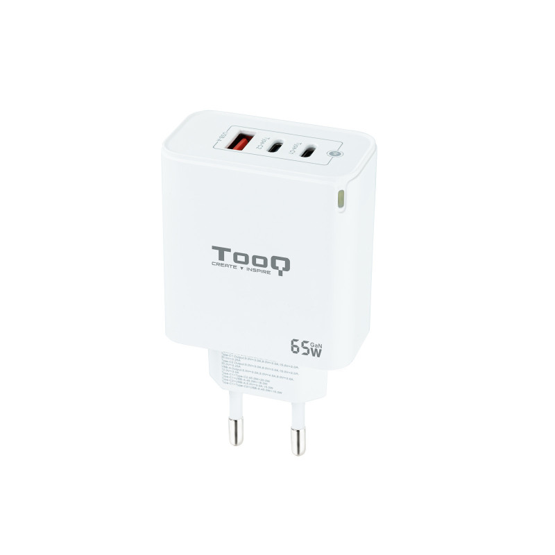 Chargeur secteur TooQ 1x port USB-A + 2x ports USB-C 65W (Blanc)