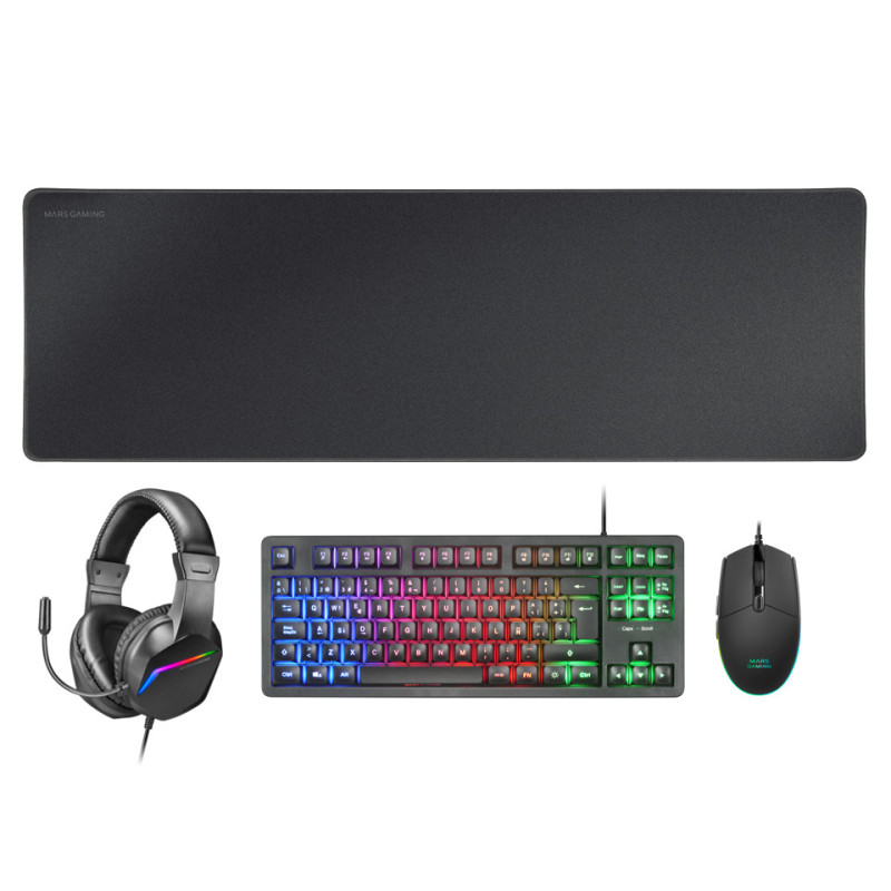 Pack Gamer 4en1 (Clavier Souris Casque Tapis) Mars Gaming MCP-RGB3 (Noir)