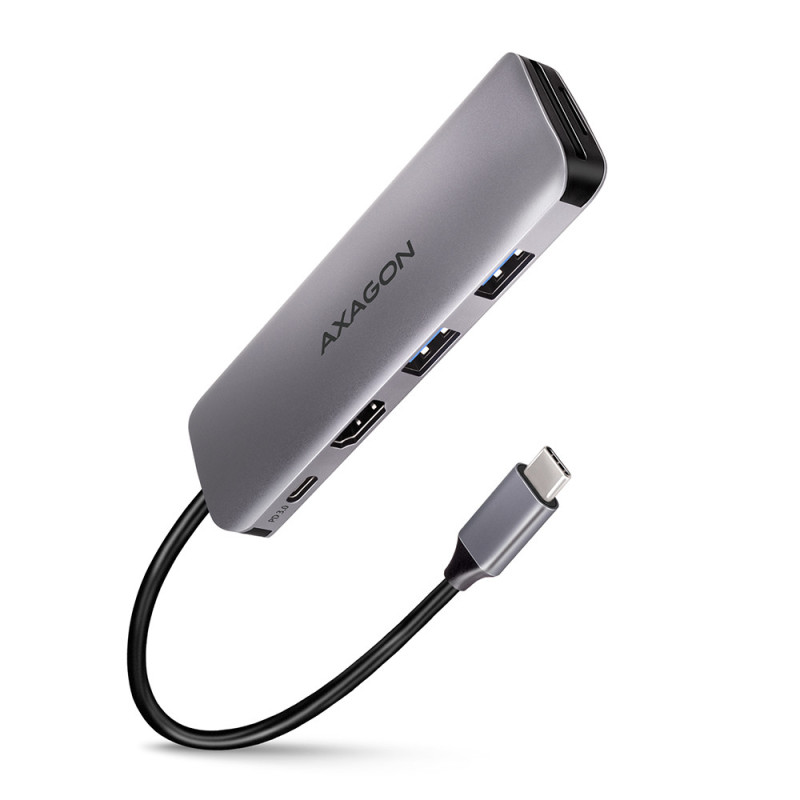 Adaptateur USB-C 3.0 Axagon HMC-H3A vers HDMI, 3x USB-A  et lecteur de cartes (Gris)
