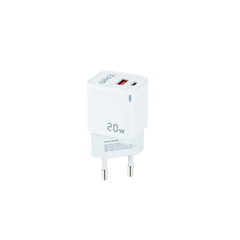 Chargeur secteur TooQ 1x port USB-A + 1x port USB-C 20W (Blanc)
