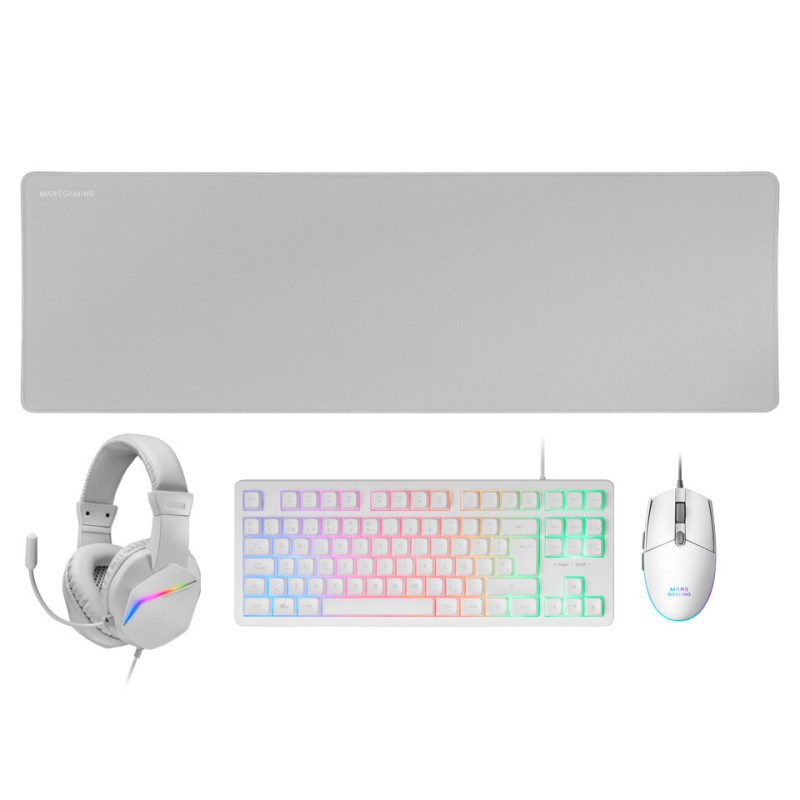 Pack Gamer 4en1 (Clavier Souris Casque Tapis) Mars Gaming MCP-RGB3 (Blanc)