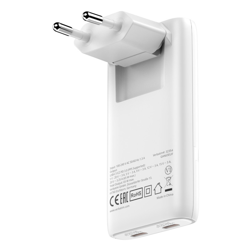 Chargeur secteur Verbatim Fold'n'Go GaN 2x USB-C 65W (Blanc)