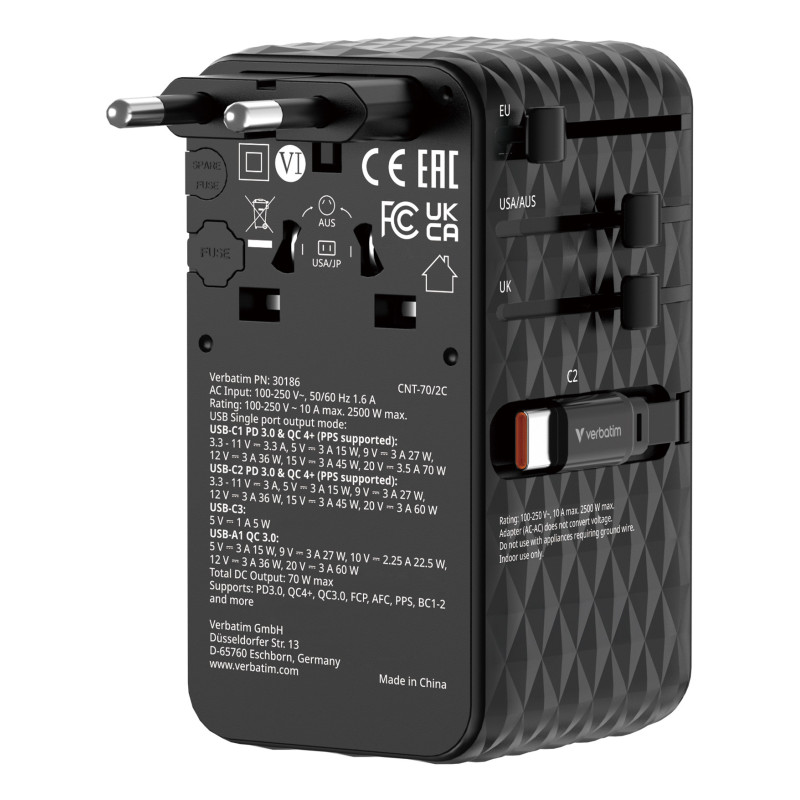 Adaptateur universel de voyage Verbatim Charge'n'Travel 70W (Noir)