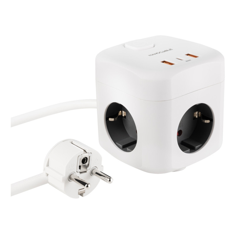 Multiprise Nanocable GaN  x 3 prises + x 2 USB-A + x 1 USB-C 20w (Blanc)