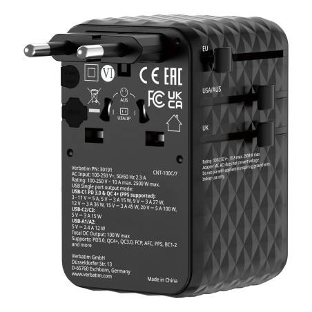 Adaptateur universel de voyage Verbatim Charge'n'Travel 100W (Noir)