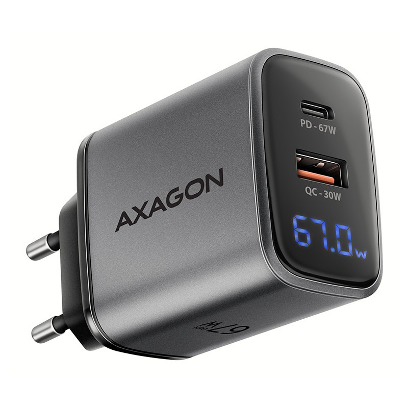 Chargeur secteur Axagon ACU-PQ67D - 1x USB-A + 1x USB-C 67W (Gris)