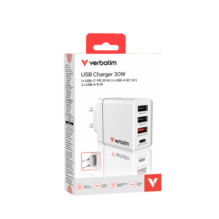 Chargeur secteur Verbatim GaN 3x ports USB-A + 1x port USB-C 30W (Blanc)
