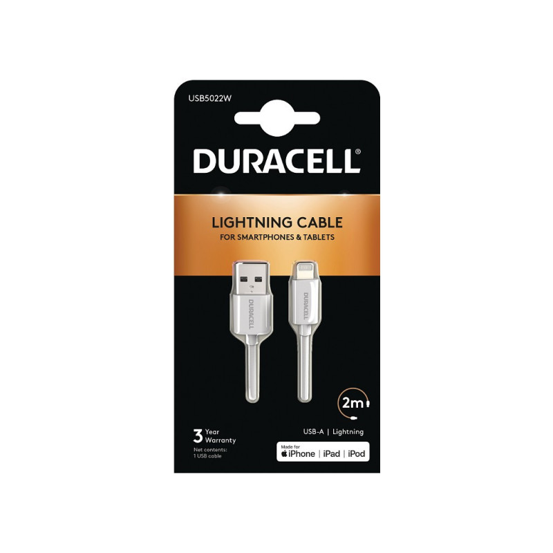 Cable Duracell USB5022W, 2 m, USB A vers Lightning, Blanc, Droit, Droit