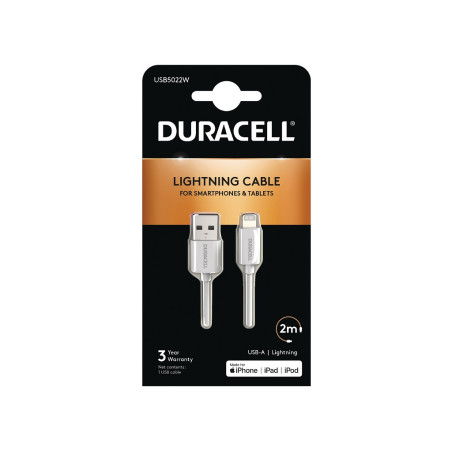 Cable Duracell USB5022W, 2 m, USB A vers Lightning, Blanc, Droit, Droit