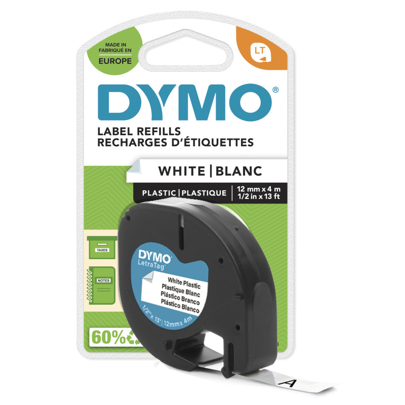 Cassette de Ruban Dymo LetraTag 12mmx4m (Noir Blanc)